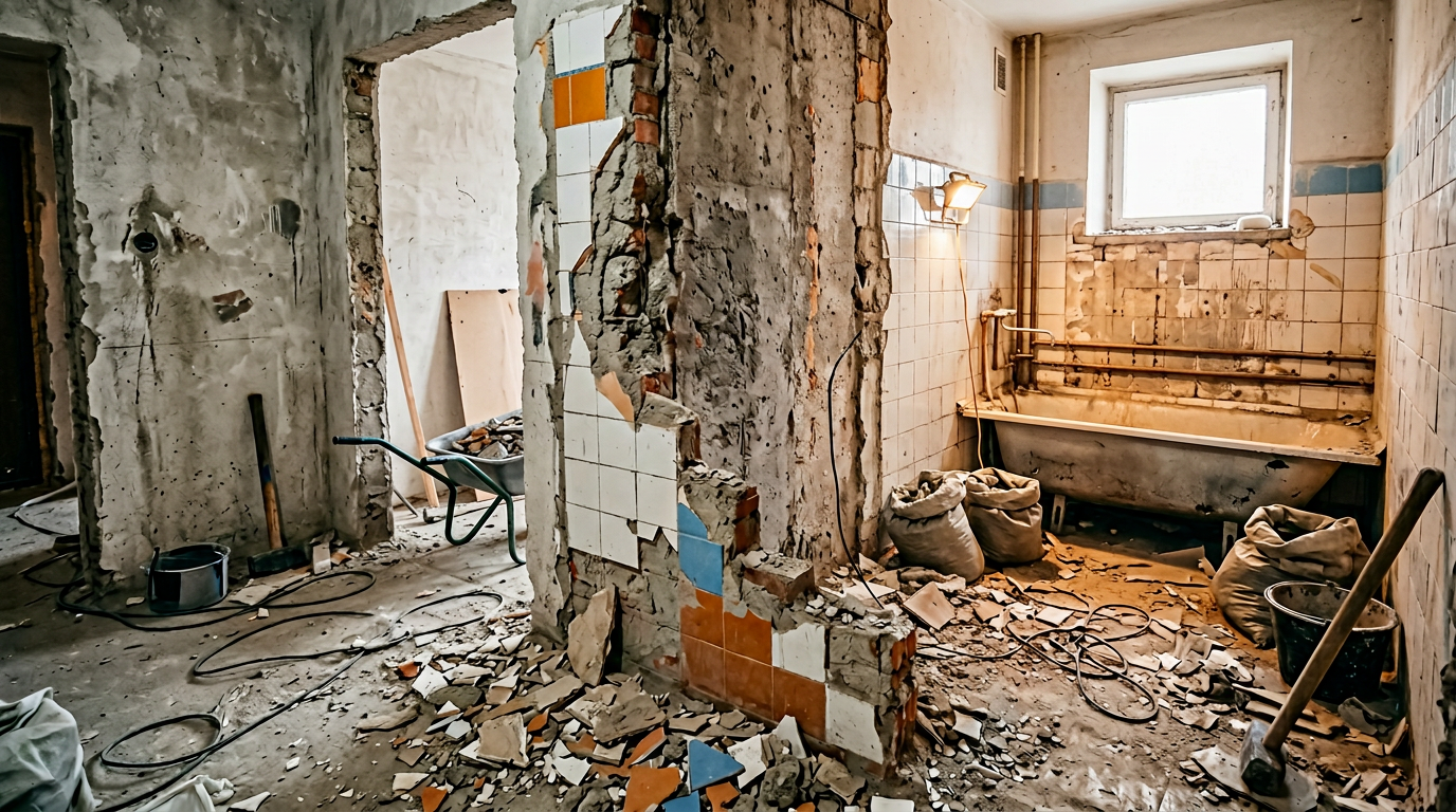 Демонтажные работы: снятие плитки и подготовка санузла