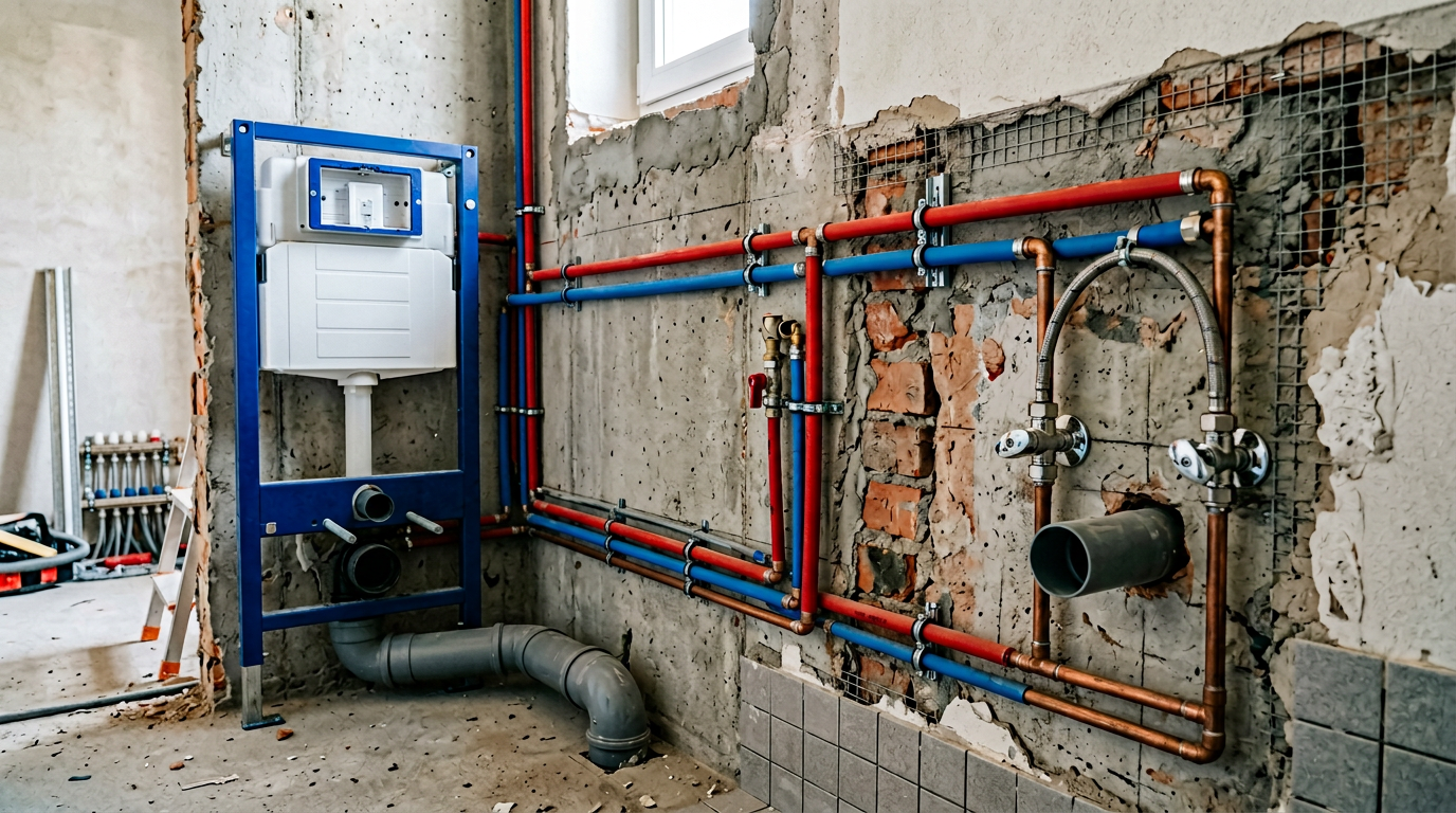 Разводка труб, инсталляция и подключение сантехники в санузле квартиры