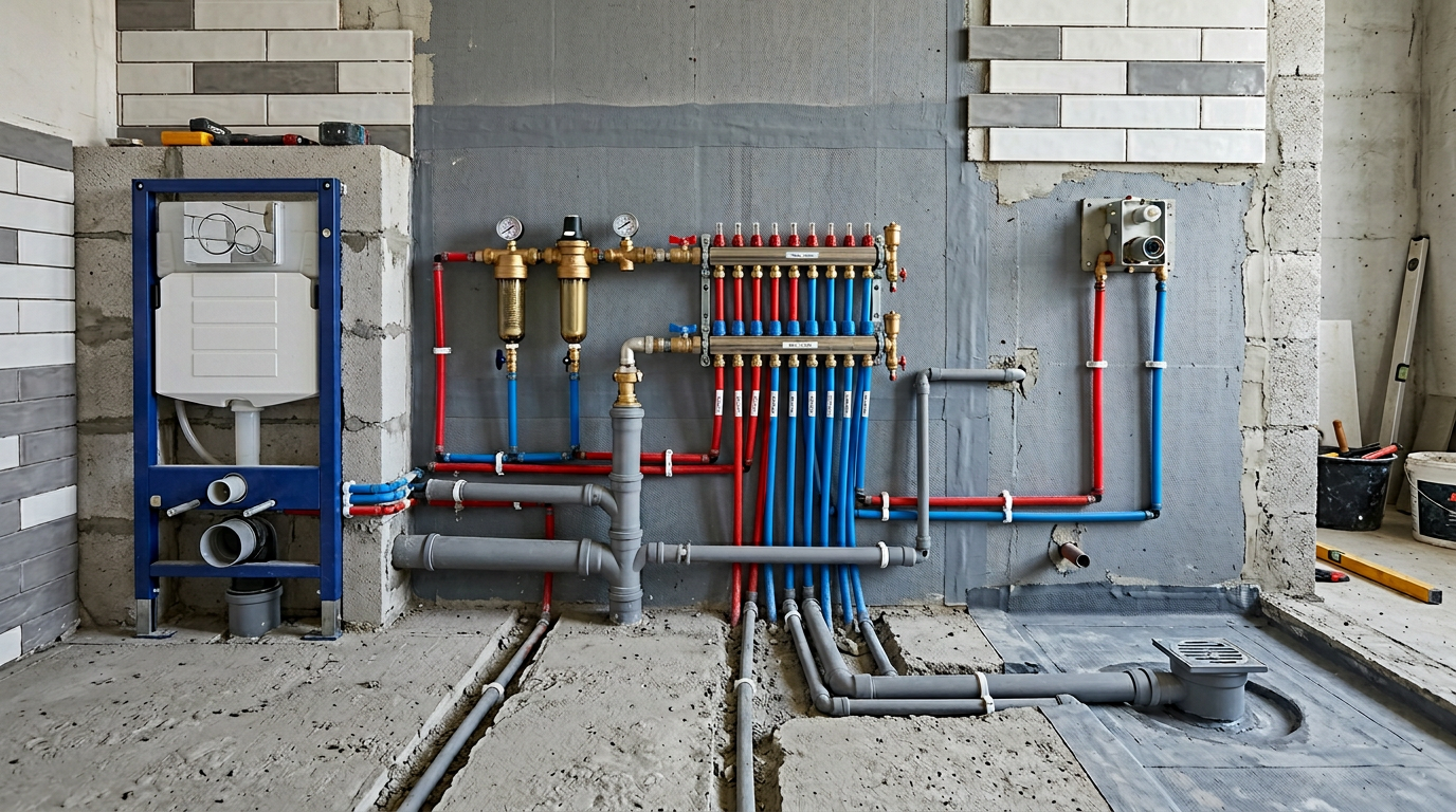 Сантехнические работы в Курске: разводка ХВС, ГВС и канализации в санузле